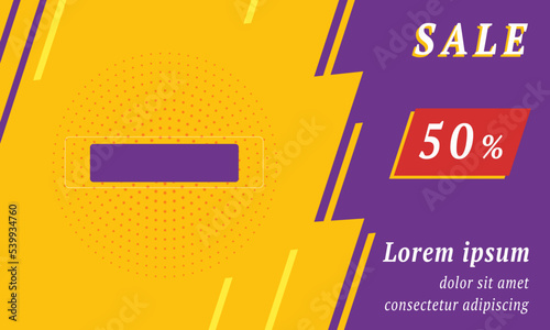 Sale promotion banner with place for your text. On the left is the minus symbol. Promotional text with discount percentage on the right side. Vector illustration on yellow background