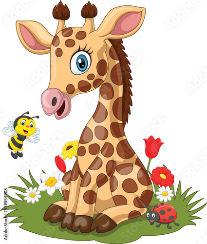 Fototapeta Naklejka Na Ścianę i Meble -  Cartoon little giraffe with bee in the grass