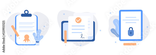 Contracts illustration set. Signing legal document, electronic contract, online agreement document. Reading and signing contract terms and condition. Flat web vector illustration.