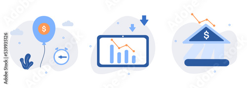 Financial crisis illustration set. Suffering from inflation, financial loss, economical and investment problems. Stock market crash, speculative financial bubble and recession. Vector illustration.