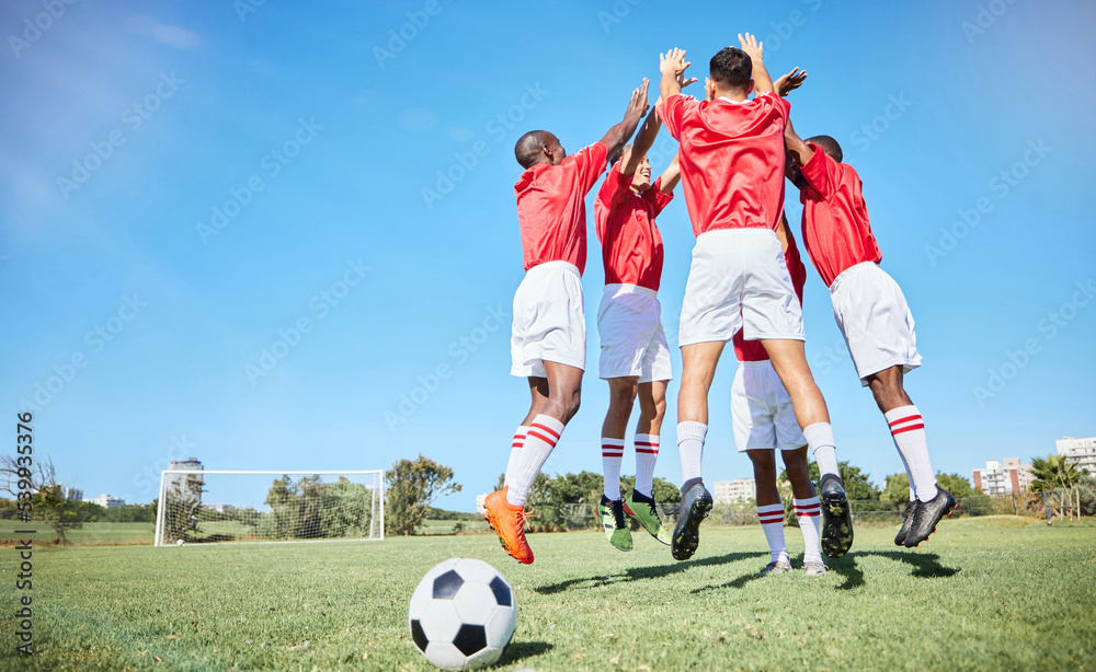 © Beaunitta Van Wyk/peopleimages.com - Soccer, sports and motivation with a team jumping on a grass pitch or field during training or practice. Fitness, football and exercise with an athlete group celebrating together during a workout © Beaunitta Van Wyk/peopleimages.com - Soccer, sports and motivation with a team jumping on a grass pitch or field during training or practice. Fitness, football and exercise with an athlete group celebrating together during a workout