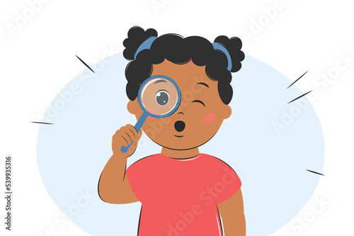 Child surprised. Curious kid girl with dark hair and skin look in magnifying glass. Girl using magnifier for learning, study. Vector Illustration.