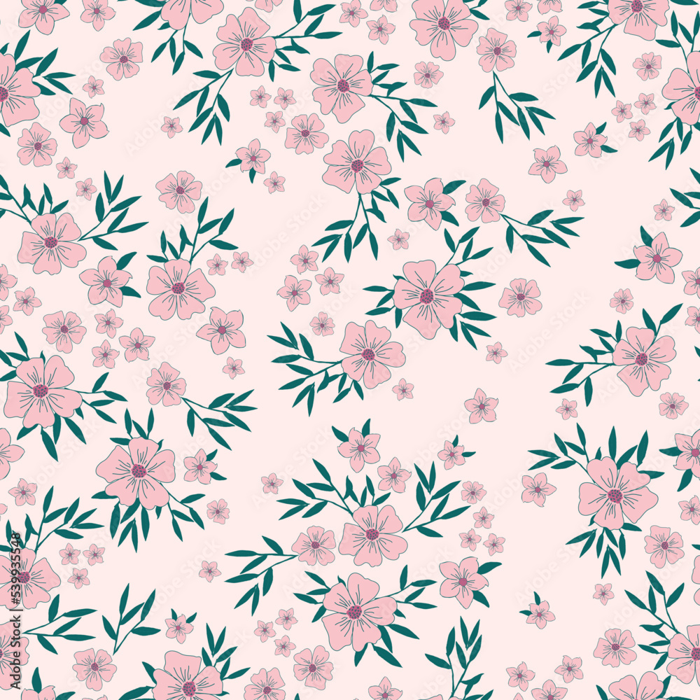 seamless vintage pattern. pink flowers, green leaves. light pink background. vector texture. fashionable print for textiles and wallpaper.