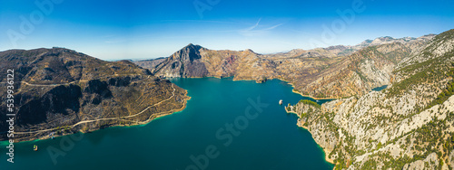 View of the lake and mountain cliffs in the area of the Oymapinar dam. Landscape of Green canyon  Manavgat  Antalya  Turkey. Aerial panoramic view