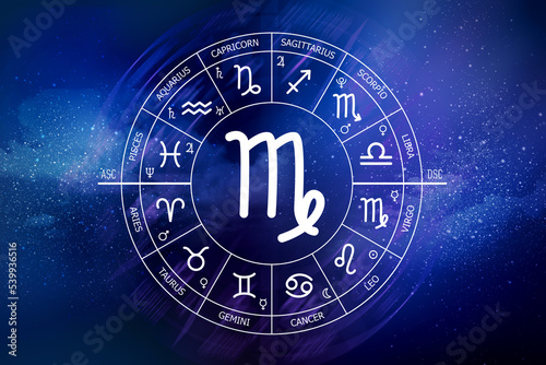 Virgo zodiac sign. Abstract night sky background. Virgo icon on blue space background