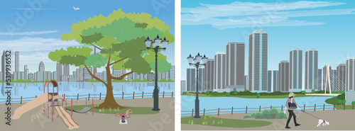 都会の海沿いの公園セット