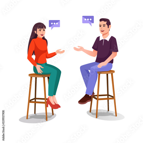 Illustration of two happy people talking,  Smiling man and a woman chatting, Colored vector illustration isolated on white background, Business communication, Man and woman have conversation. 