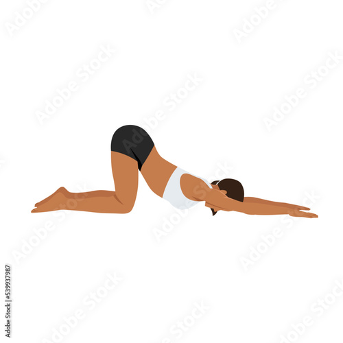 Woman doing Puppy Dog Pose, Anahatasana, Half Dog Pose, Melting Heart Pose. Practice Uttana Shishosana. Flat vector illustration isolated on white background