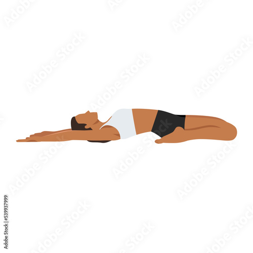 Woman doing Reclining Hero Pose Variation Hands On Thights. Beautiful girl practice Supta Virasana Variation Hands On Thights. Flat vector illustration isolated on white background