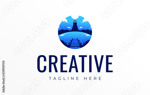 Lake Beach Dock Pier Lighthouse Logo Design Template