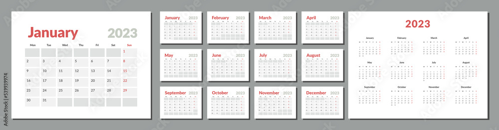 2023 Calendar Planner Template. Vector layout of a wall or desk simple calendar with week start monday. Calendar grid in grey color for print 2023 Calendar Planner Template. Vector layout of a wall or desk simple calendar with week start monday. Calendar grid in grey color for print