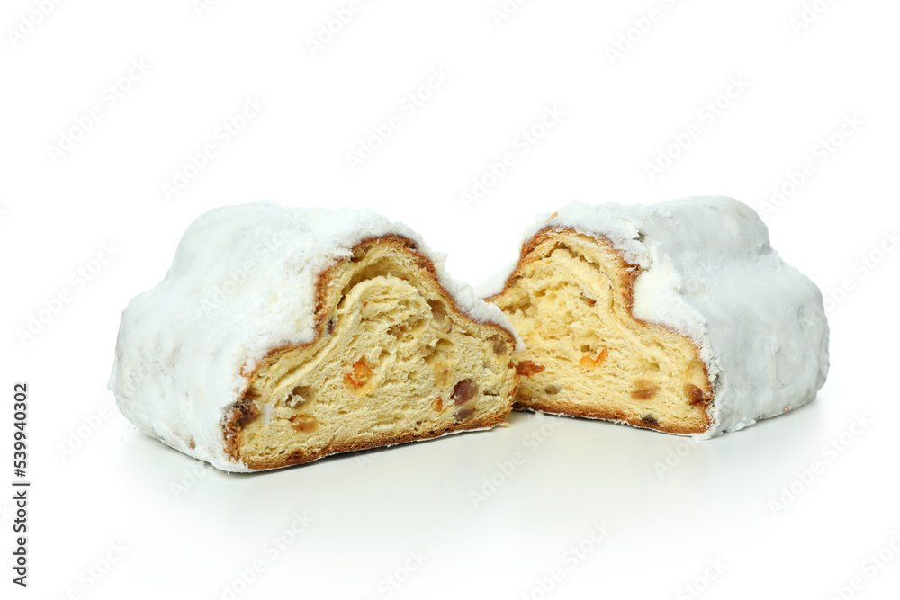 Stollen, tasty German dessert, isolated on white background Stollen, tasty German dessert, isolated on white background