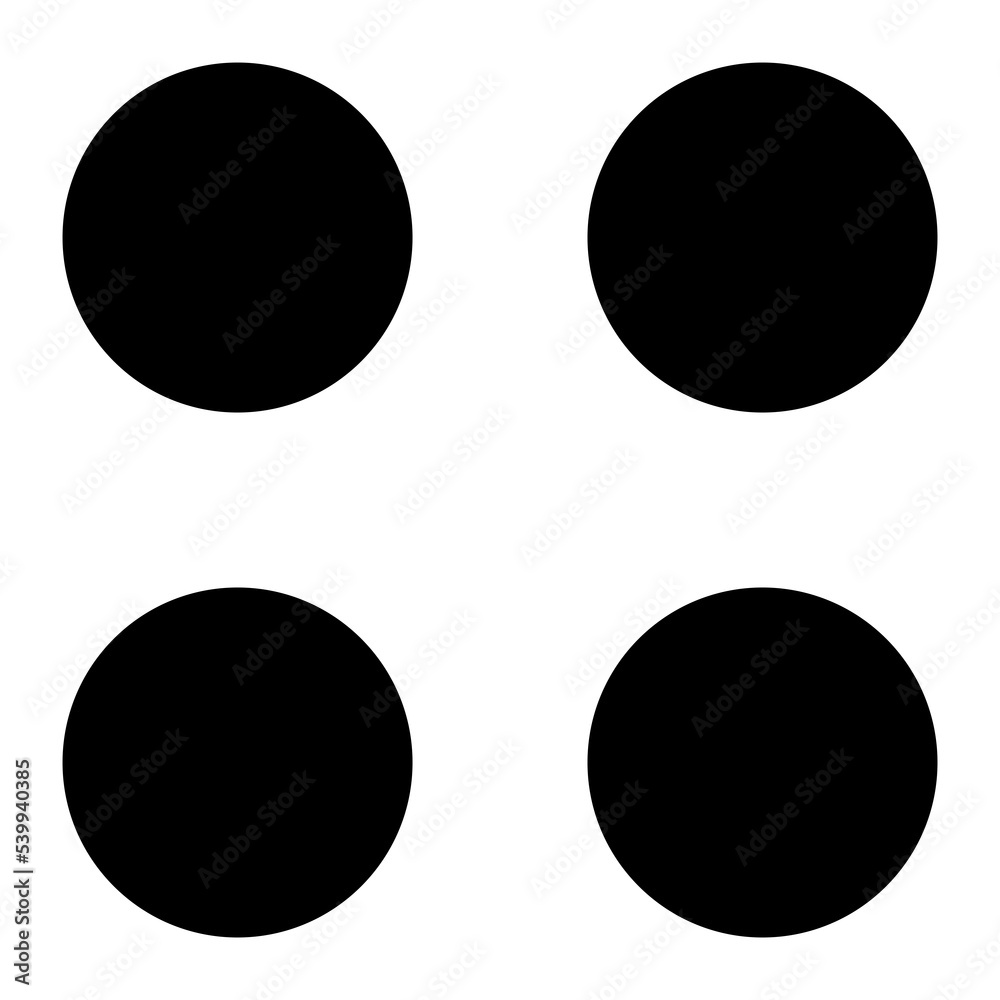 Black circles, polka dot pattern. Four, 4, filled shapes, no stroke, 2x2 grid. Isolated png illustration, transparent background. Asset for overlay, montage, collage, presentation, mark making. Black circles, polka dot pattern. Four, 4, filled shapes, no stroke, 2x2 grid. Isolated png illustration, transparent background. Asset for overlay, montage, collage, presentation, mark making.