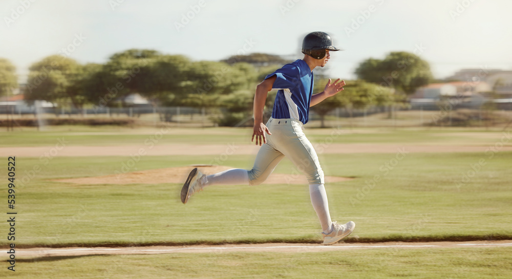 Obraz premium Baseball, sports and man running on a field during a game, professional event or training. Fast, speed and athlete doing run while playing sport at ground, park or in nature for fitness and exercise