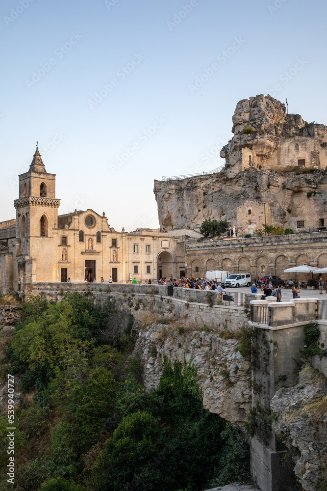 View at Church of San Pietro caveoso and on the top of the hill of Church of Saint Mary of Idris in Matera, Basilicata, Italy