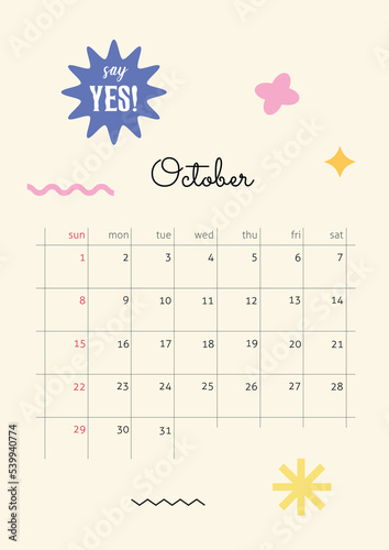The page with the month October 2023 with retro stickers in bright tones. Vertical poster in a geometric style. Vector illustration design