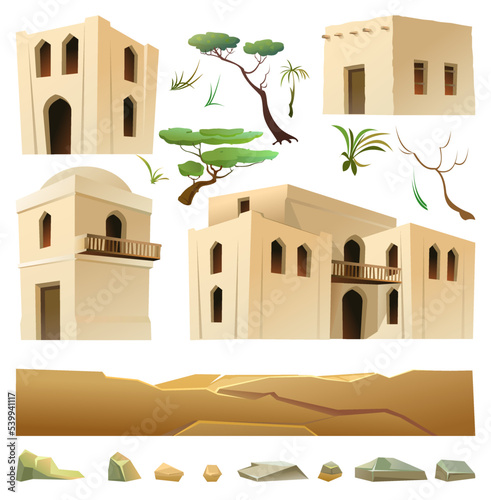 Arab clay hut. Set of object. Middle Eastern adobe dwelling. Africa and Asia traditional house. Isolated on white background Vector.