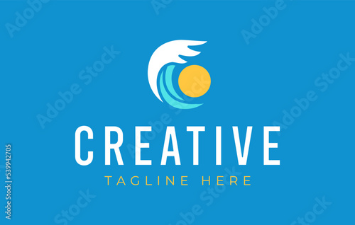High Tide Sea Logo Design. Wave Moon View Vector Line Icon Template
