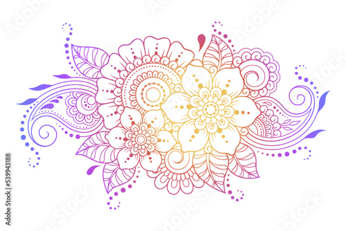Colorful floral pattern for Mehndi and Henna drawing. Hand-draw lotus flower symbol. Decoration in ethnic oriental, Indian style. Rainbow design on white background. Outline vector illustration.