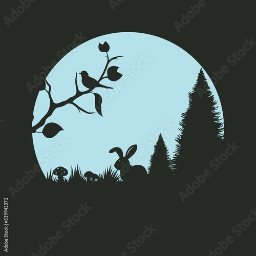 Silhouette of a cute bunny in the forest