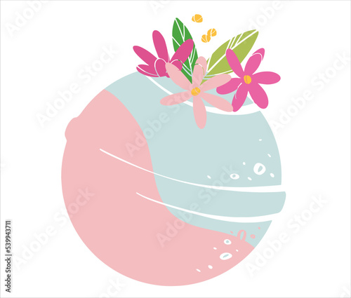 Fragrant fizzy bath bomb. Cosmetic bubbling bath ball. Bath bomb with flowers. Home care. Vector illustration.