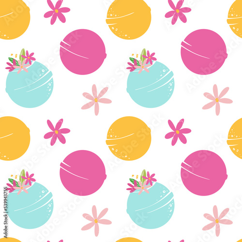 Seamless pattern with fragrant fizzy bath bombs. Cosmetic bubbling bath ball. Bath bomb with flowers. Vector illustration for packaging and any design.