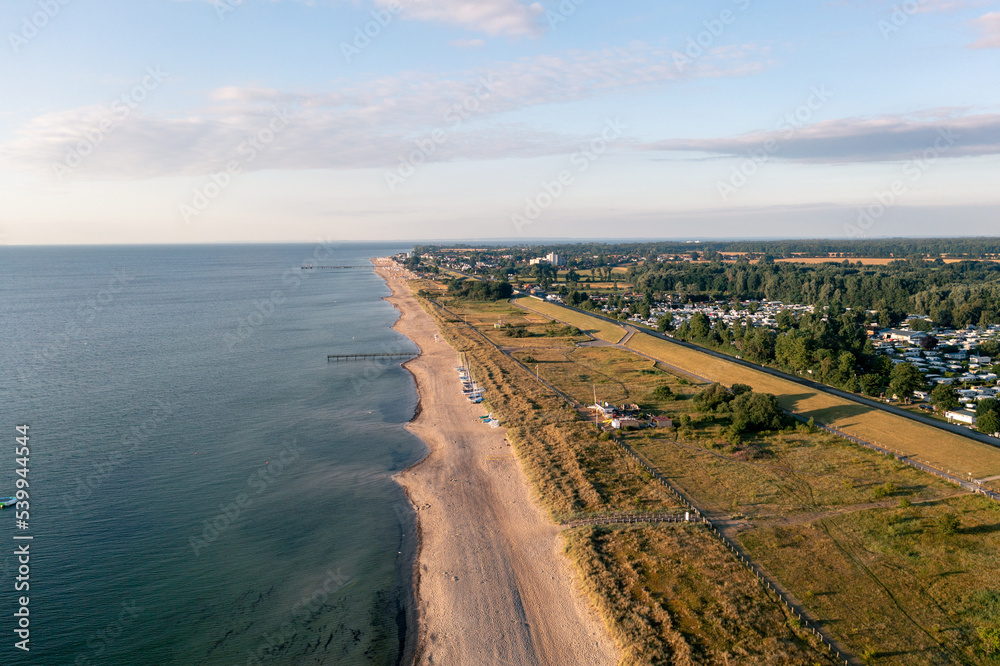 Dahme, Germany - July 31, 2021: Aerial drone view of Dahme Beach in Schleswig-Holstein.