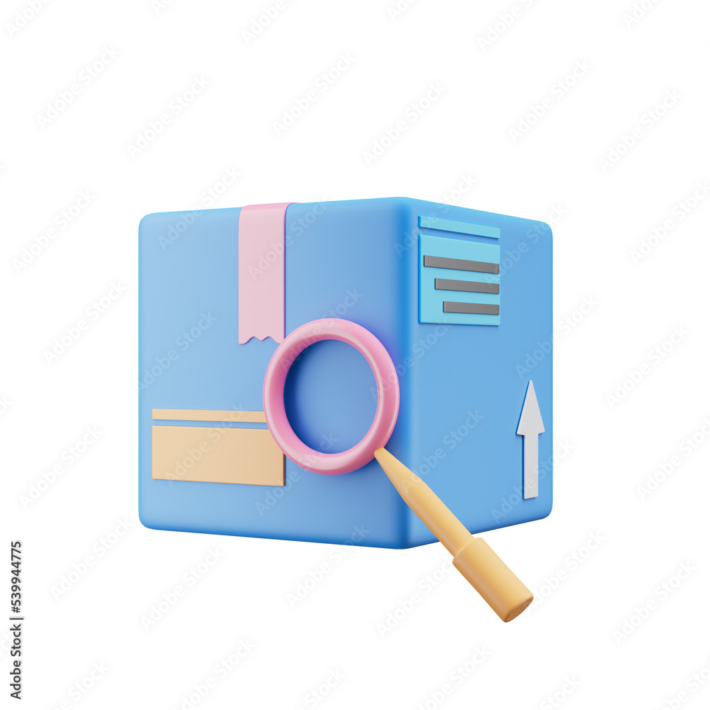 Carton boxes with magnifying glass icon isolated 3d render illustration Carton boxes with magnifying glass icon isolated 3d render illustration