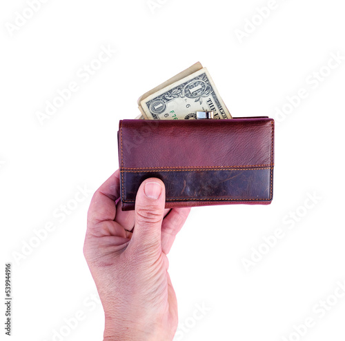 woman hand holds wallet with United States dollar paper money