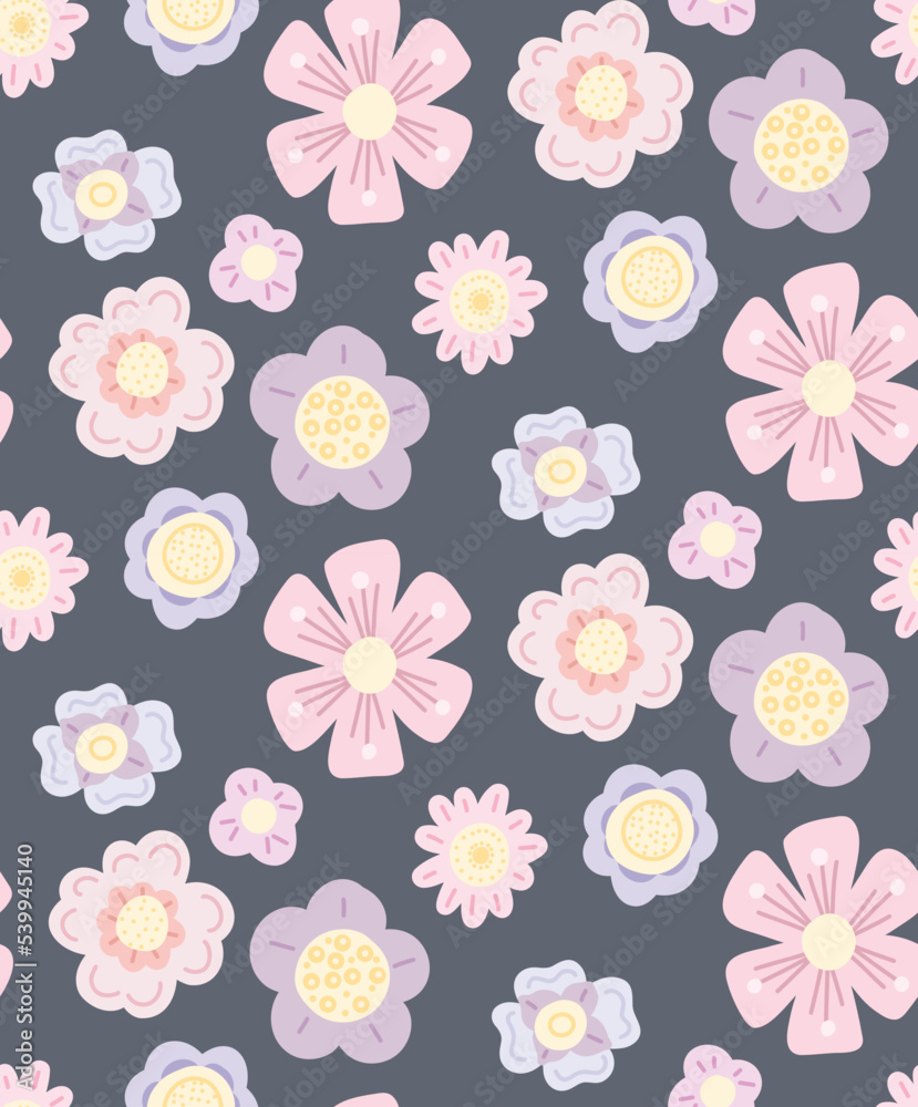 Delicate vector pattern with simple hand drawn flowers on a dark violet background. Flat cartoon pastel floral texture for nursery fabrics Delicate vector pattern with simple hand drawn flowers on a dark violet background. Flat cartoon pastel floral texture for nursery fabrics