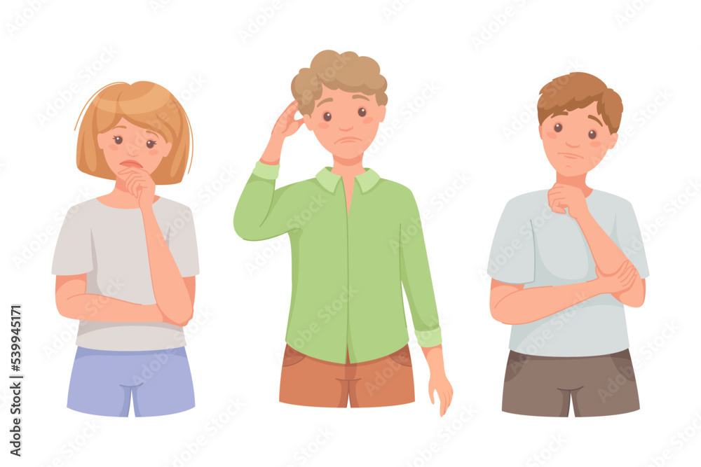 Pensive Man and Woman Character Scratching Head Thinking and Considering Something Vector Illustration Set Pensive Man and Woman Character Scratching Head Thinking and Considering Something Vector Illustration Set