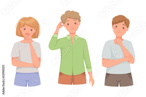 Pensive Man and Woman Character Scratching Head Thinking and Considering Something Vector Illustration Set