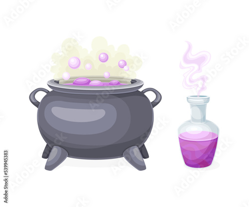 Boiling Witch Cauldron and Glass Jar with Poison as Magical Object and Witchcraft Item Vector Set