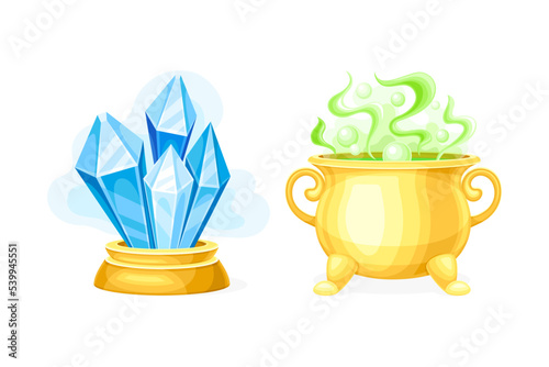 Blue Crystal and Boiling Cauldron as Magical Object and Witchcraft Item Vector Set