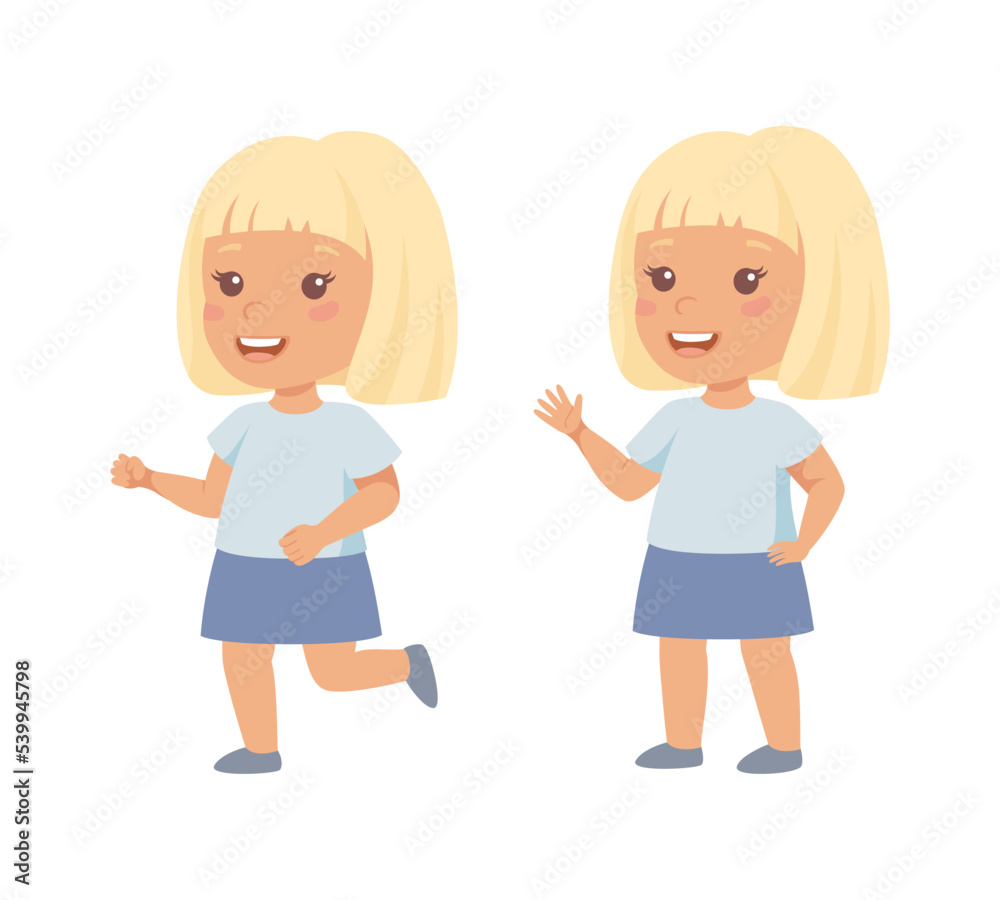 Little Blond Girl with Short Hair Having Different Face Emotion and Gesture Vector Set