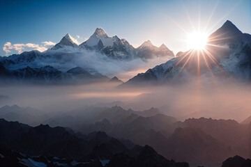 Poster Bergen Zonsopgang boven mistige bergtoppen  © XtravaganT