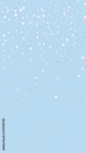 Fototapeta Naklejka Na Ścianę i Meble -  Beautiful snowfall christmas background. Subtle flying snow flakes and stars on light blue winter backdrop. Beautiful snowfall overlay template. Vertical vector illustration.
