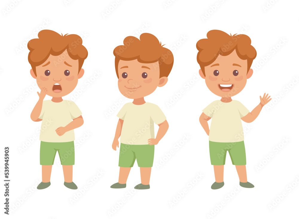 Little Redhead Boy Having Different Face Emotion and Gesture Vector Set