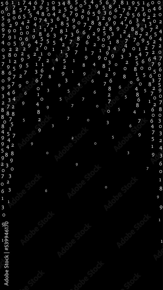 Obraz premium Falling numbers, big data concept. Binary white orderly flying digits. Excellent futuristic banner on black background. Digital vector illustration with falling numbers.