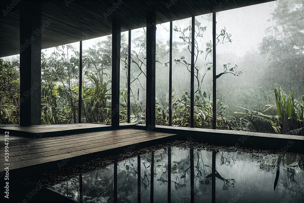 Interior with huge window and rainforest view