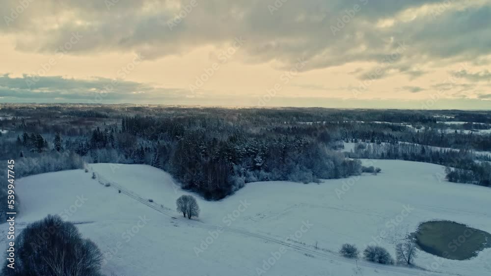 Sunrise aerial over snowy winter landscape. Conifer forest under hoarfrost in winter season. Sunrise aerial over snowy winter landscape. Conifer forest under hoarfrost in winter season.