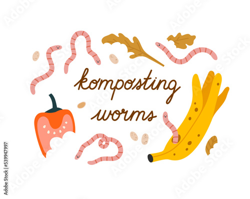 Composting worms with banana peel, piece of pepper, leaves, and nuts shell. Ecological recycling, responsible consumption. Organic waste for domestic composting.