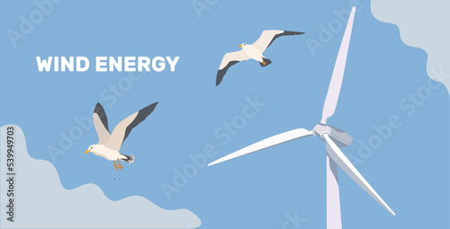 Onshore wind farms. Green energy wind turbines on the sea, in the ocean. Wind turbines. Vector illustration. Gray and white seagull in sky. Flying gull. 