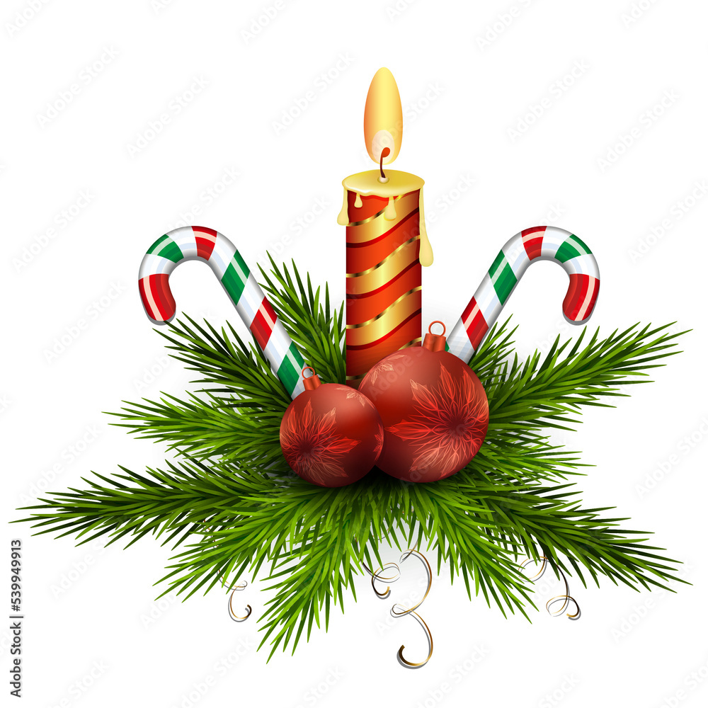 Christmas arrangement of fir green branches, balls, a burning candle and two staffs with red ribbons/
