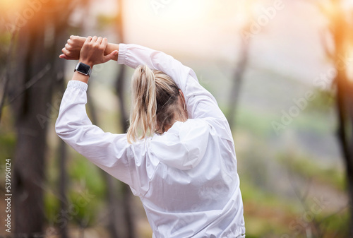 Stretching, arms and woman training in the woods for fitness, marathon and body goal in nature. Back of an athlete doing a warm up before running, exercise and an outdoor workout in the forest