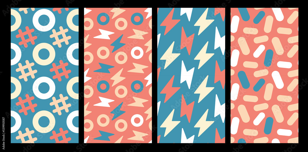 Vector set of simple illustration with circle, zigzag and flash on retro color background. Flat style seamless pattern design with round and sharp shape Vector set of simple illustration with circle, zigzag and flash on retro color background. Flat style seamless pattern design with round and sharp shape