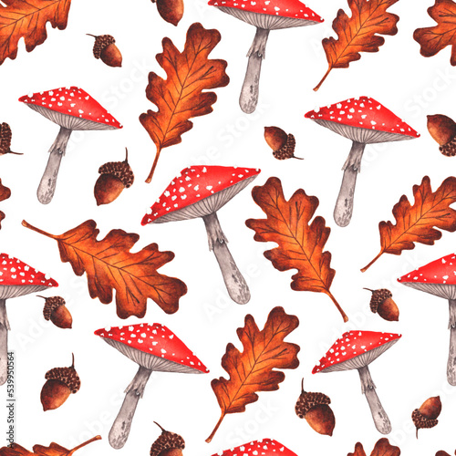 Watetcolor fly agaric, autumn leaves and acorns seamless pattern. Red dotted mushrooms and orange oak leaves illustration.