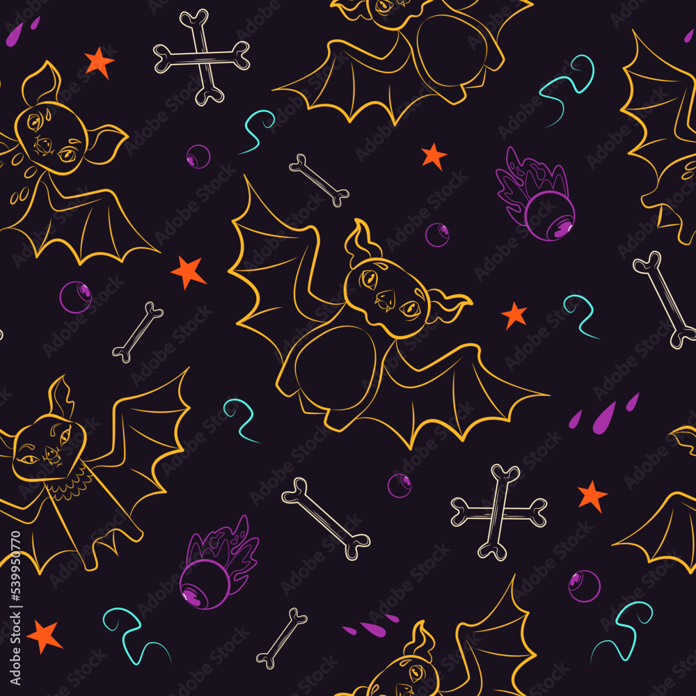 seamless pattern with color line, bats, bones, eyes, moon on a dark background seamless pattern with color line, bats, bones, eyes, moon on a dark background
