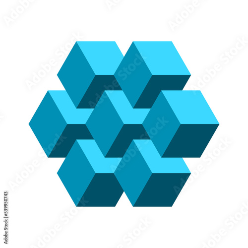 Diamond shaped object made of cubes. 3D Hexagon geometric shape. Mathematics concept. Isometric block figure. Logo design template. Seven elements harmony. Unity. Vector illustration, flat, clip art. 