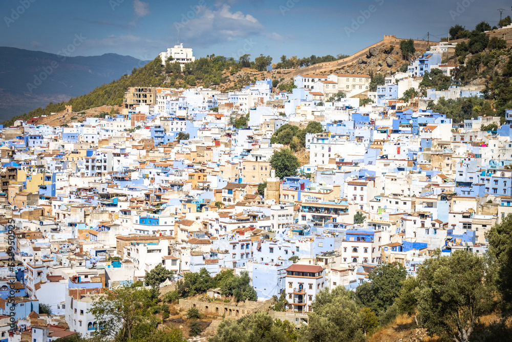 panorama over Chefchaouen, blue city, rif mountains, morocco, north africa